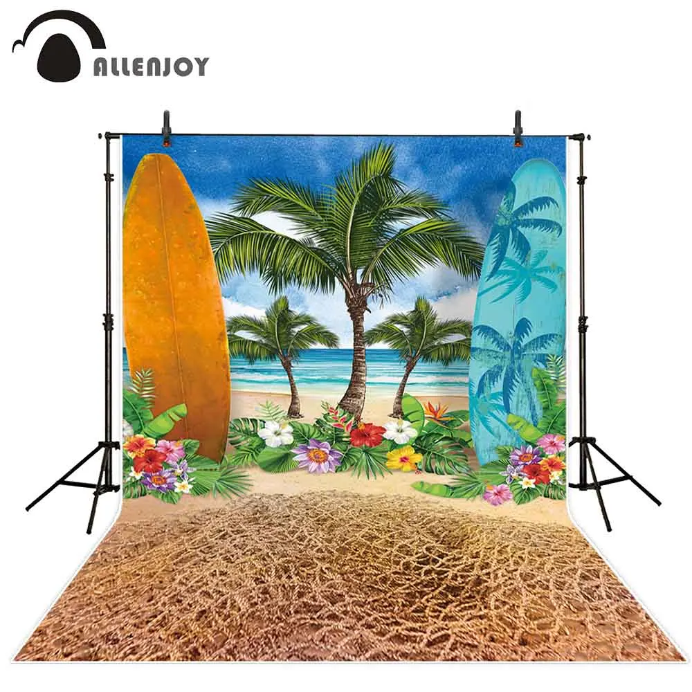 Allenjoy backdrop for photographic studio summer tropical beach sea coconut tree sky surfboard background photobooth photocall |