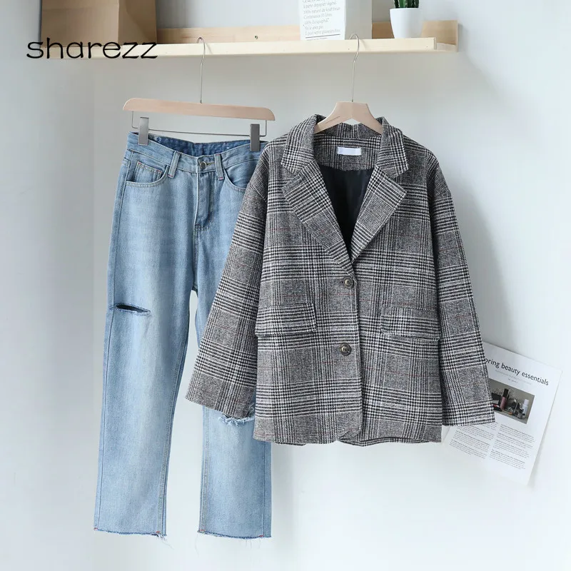 

2019 Vintage Single Breasted Office Ladies Plaid Blazer Long Sleeve Loose Houndstooth Suit Coat Jacket Women Blazers Female