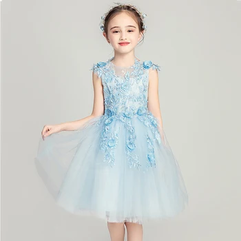 

O-neck Lace Children Formal Dresses Beads Flower Applique Girl Communion Dress Wedding Pageant Sleeveless Mesh Ball Gown