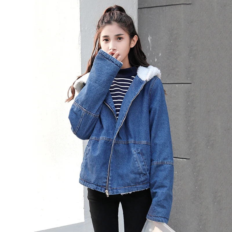 Lâche black2 À Pour Vintage 2018 Noir Tops blue Dames Capuchon Denim Manches Fille Manteaux Veste D'hiver Nouvelle Longues Jean Outwear Femmes Polaire Black Arrivée Pgqw6atg
