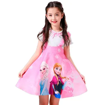 

Girls Princess Dress Disney Frozen Queen Elsa Anna Cartoon Pattern Children Dress Girl Skirt 2 Pcs Strap Dress Summer Clothes