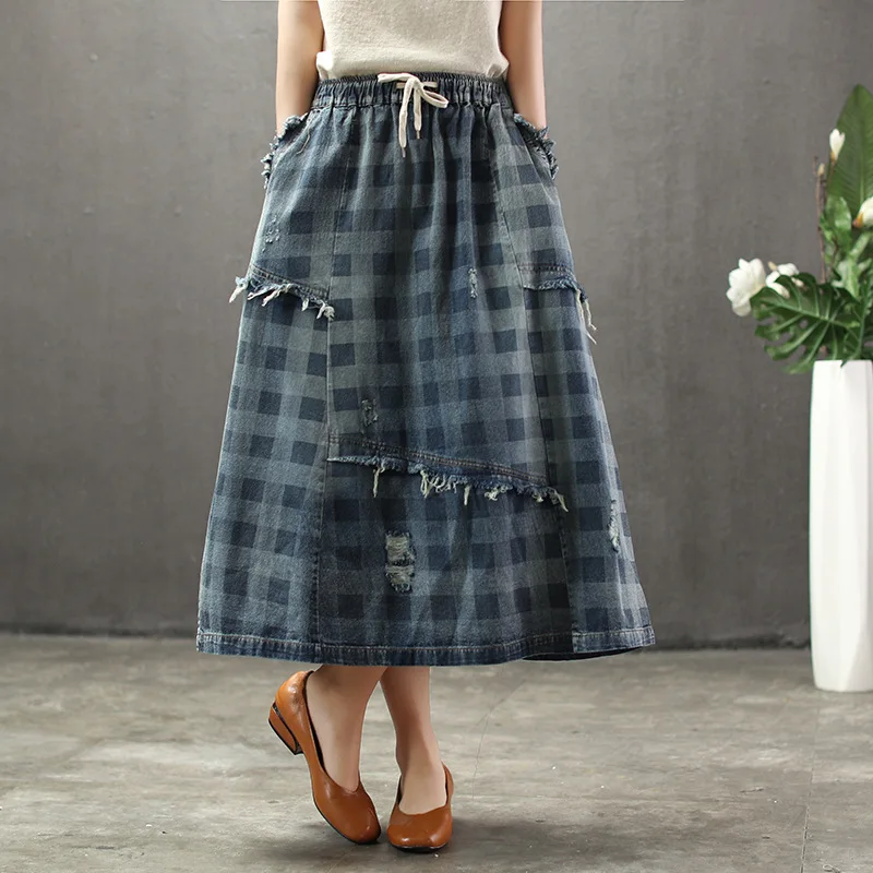8906 Летняя женская длинная джинсовая юбка, Женская эластичная талия, большие размеры, юбки для девушек
