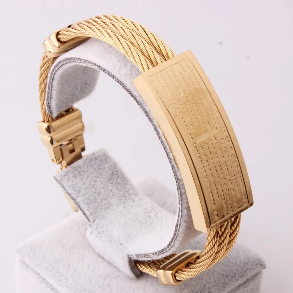 Fashion Gift Stainless Steel Gold Tone Cross Bible 3 Rows Cable Wire Rope Chain Cuff Bangle Bracelets Mens Womens Jewelry 7.67&quot |