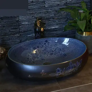 

Fashion Ceramic Wash Basin Oval Household Washbasin sink bowl Balcony rose Rectangular Art ceramic wash Basin bathroom sink