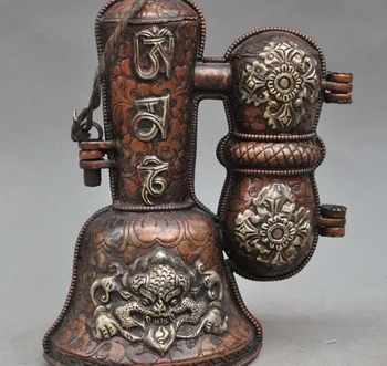 

8" Old Tibet Buddhism Fane Bronze Mahakala Talismans Phurpa Bell Vajra Box Set