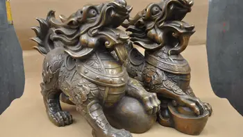 

13'' China Fengshui Zodiac Kylin Foo Dog Pixiu Lion Bronze Statue One Pair