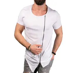 Летняя повседневная мужская футболка на молнии, Однотонная рубашка с короткими рукавами, асимметричная уличная одежда M-2XL
