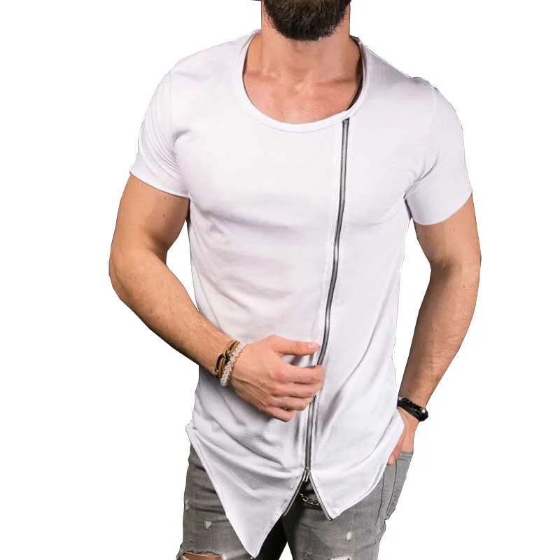 

Summer Casual Men's T-shirt Zipper Decoration Solid Color Short-sleeved Shirt Hem Irregular Streetwear M-2XL