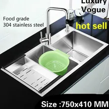 Кухня ручная раковина двойной паз высокой емкости мыть овощи wogue 304 нержавеющая сталь 750x410 мм