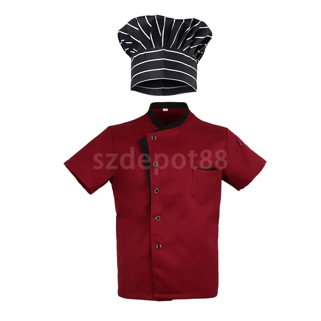 Adult Durable Five Star Chef Shirts Red Catering Uniform Mesh Sleeve Pen Pockets Chefwear Coat Chef Hat M