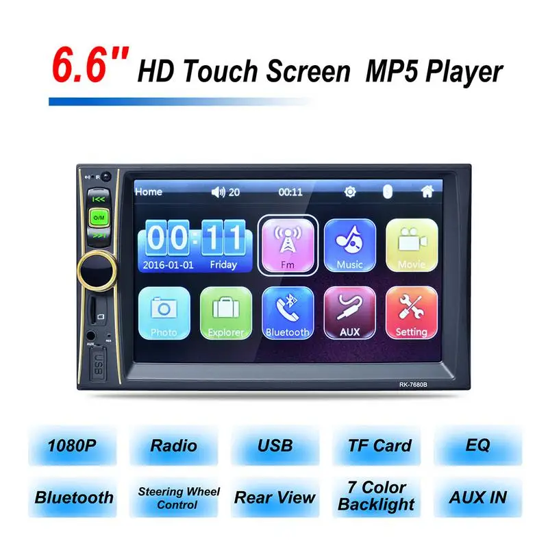 

RK-7680 HD 6.6 Inch Touch Screen Audio Car MP5 Player Reversing Priority with Camera Car Stereo with Bluetooth Function Support