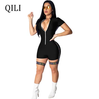 

QILI Women Short Sleeve Zipper Jumpsuits Playsuits High Street Style Rompers Patchwork Jumpsuit Rompers Blue Black