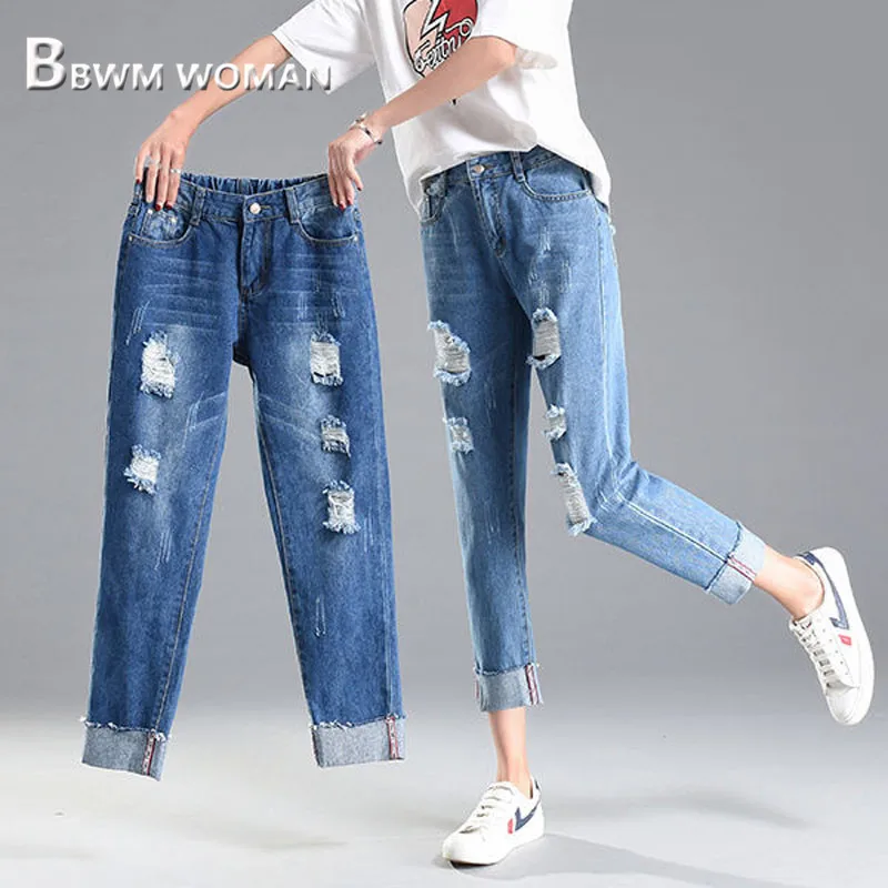 Летние женские джинсы с дырками с высокой талией, повседневные облегающие Женские брюки размера плюс