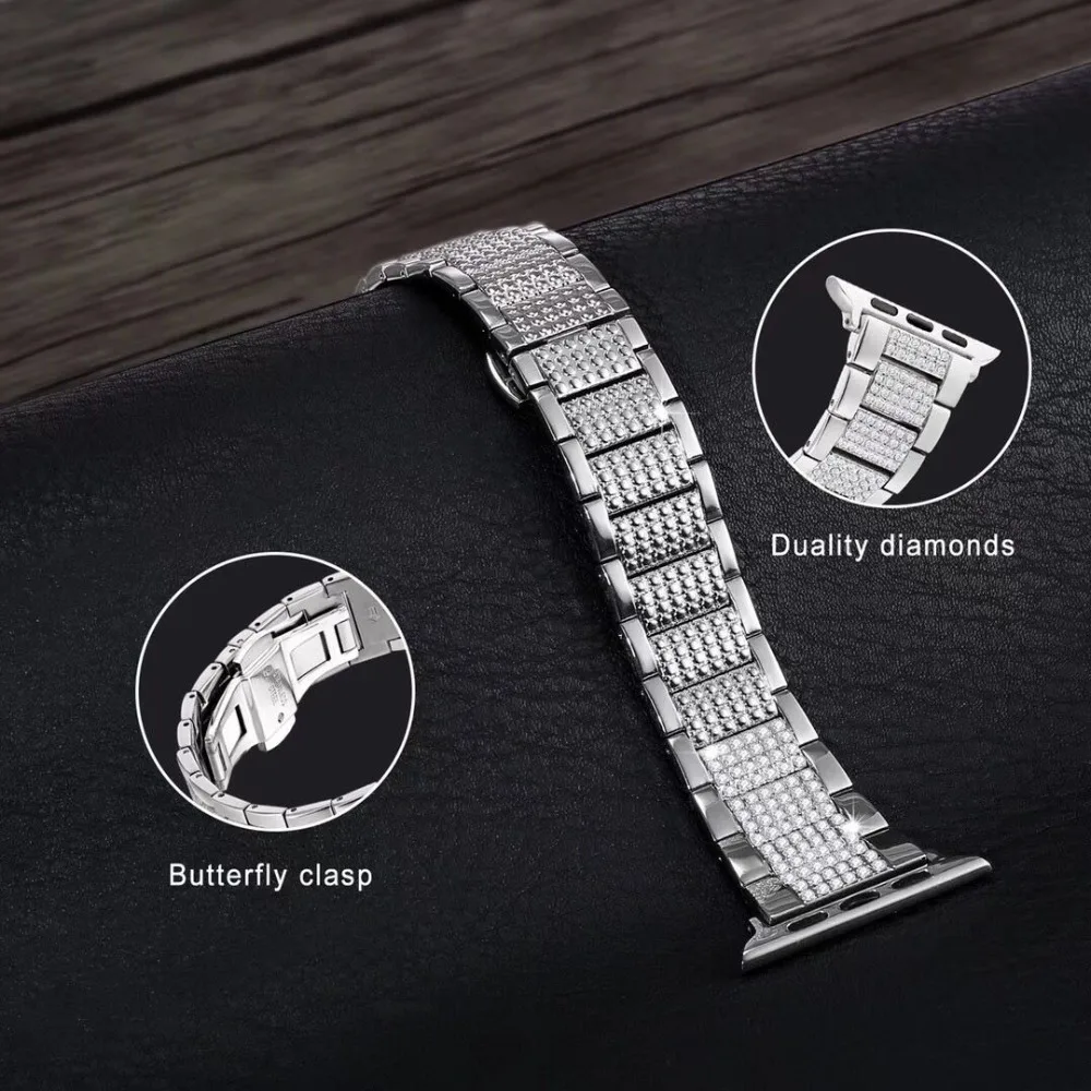 

Butterfly clasp Stainless Steel link Bracelet Strap for Apple Watch Diamond Bands 38/40/42/44mm,For iwatch belt series 4/3/2/1