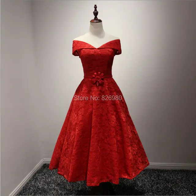 Real Pictures Red Lace Vintage Tea Length Cocktail Girl Party Wear ...