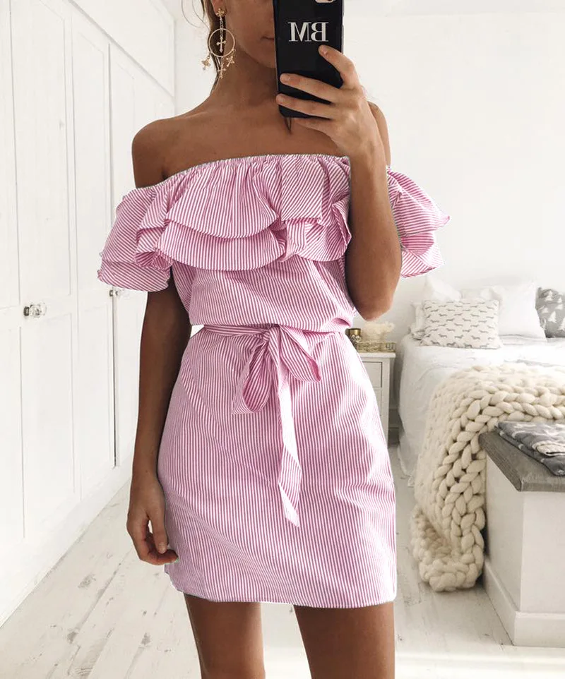 

Charmed Lotus Leaf Stripe Summer Beach Dress Short sleeve Off Shoulder Double layer Bandage Party Dress Vestido De Verao qz*