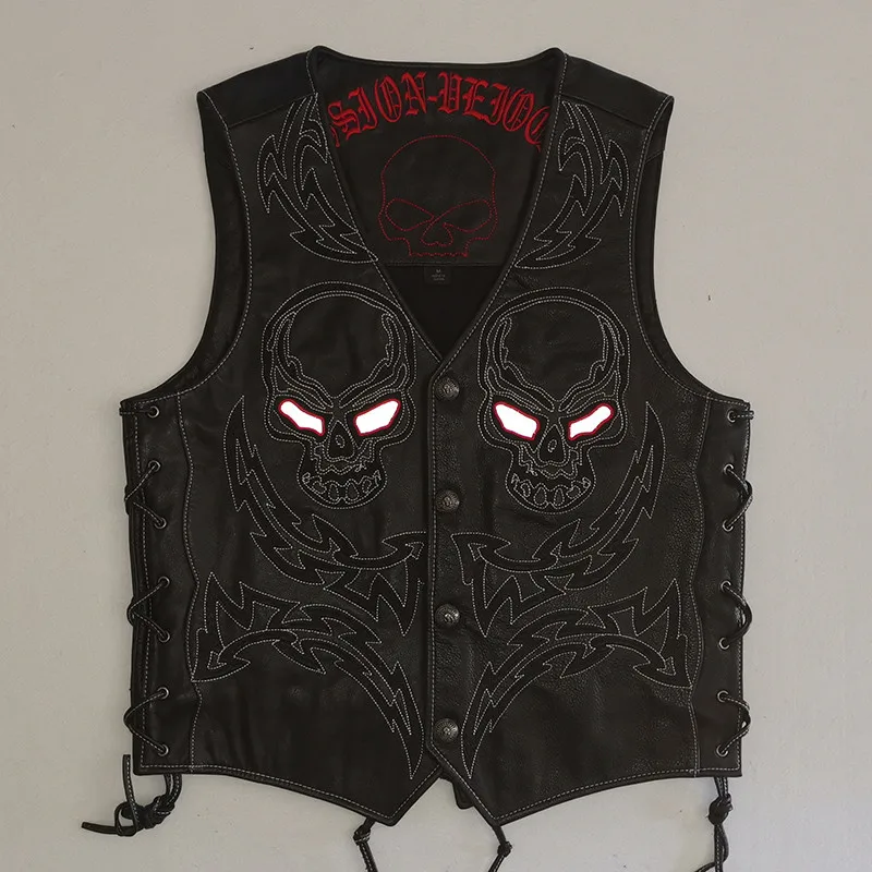 

HARLEY DAMSON Vintage Black Men Skulls Embroidery Motorcycle Leather Vest Plus Size XXXXXL Genuine Cowhide Slim Fit Biker's Vest