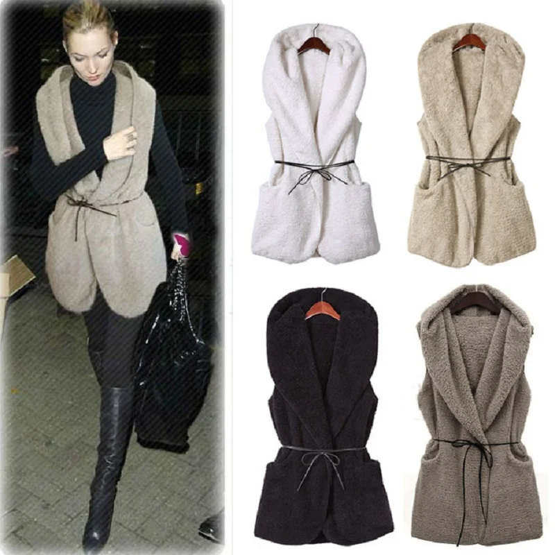 2018 Women Slim Winter Wool Vest Hooded Vests Coat Warm Sleeveless Wool