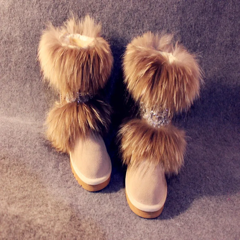 

High quality luxury fashion winter fur raccoon fur genuine leather snow boots shoes flat knee-high