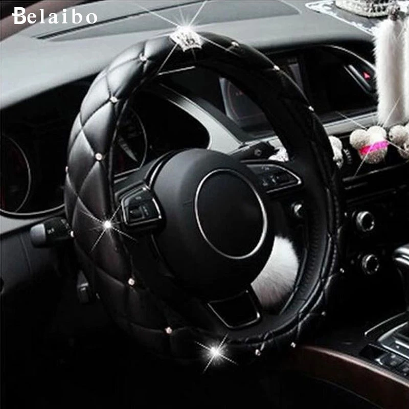Car Steering Wheel Cover, 38CM/15'' Universal Cystal Crown PU Leather