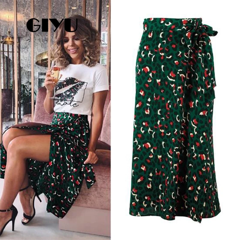 

GIYU Green Leopard Skirts Women Sexy Split Maxi Skirt Sashes High Waist Holiday Beach Tie-Up Female jupe femme