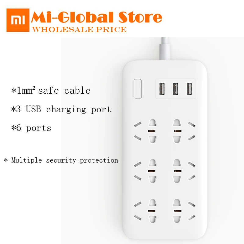 

XiaoMi Mijia 6 Ports with 3 USB Fast Charging 5V 2.1A USB Smart Power Strip Power Plug Charger Socket US UK EU AU White