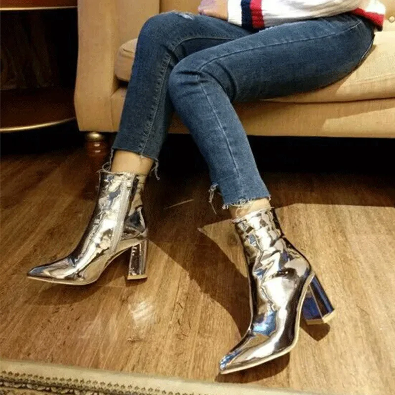 

Silver Martin Boots Women Silver Chelsea Boots Short Ankle Zipper Pointed Toe Snow Botas Femme Thick High Heels Wedges Botines