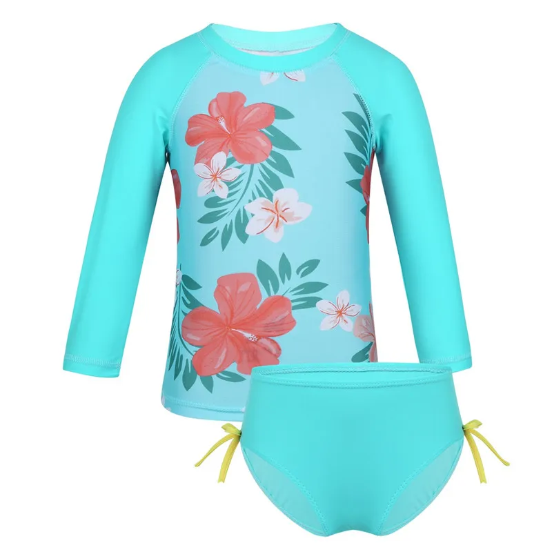 FEESHOW/Одежда для маленьких девочек, одежда для плавания с длинным рукавом, цветочный костюм с солнышком, детский купальник, детский цельный купальный костюм, лето - Цвет: Blue Tankini