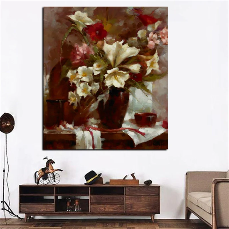 Big Size Abstract Flowers in Vase Oil Painting Print on Canvas Modern Minimalist Orchid Poster Art Wall Picture Cuadros Decor (7)