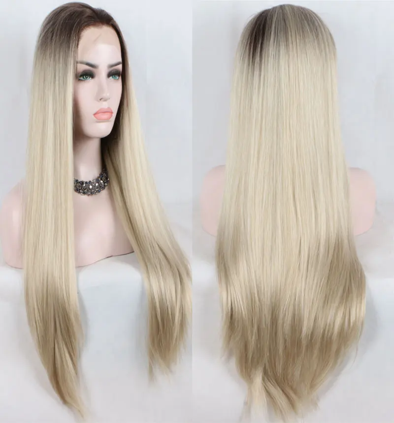 Bombshell черный Омбре Платина прямые синтетические кружева спереди парик Glueless термостойкие волокна волос натуральный волос для женщин
