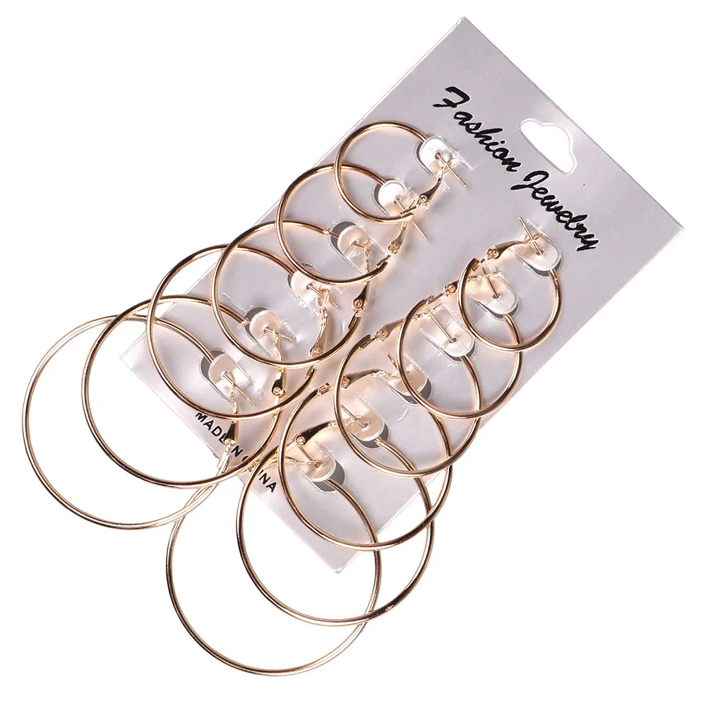

Street Style New 6 Pairs/Set Vintage Dangle Big Circle Hoop Earrings Women Steampunk Ear Clip Pendientes Mujer Moda Oorbellen