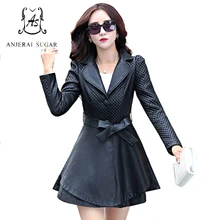 Весенне-осенняя куртка из искусственной кожи, Женское пальто, черная, красная искусственная кожа с мехом енота, вырез с оборками, тонкая ветровка, пальто большого размера