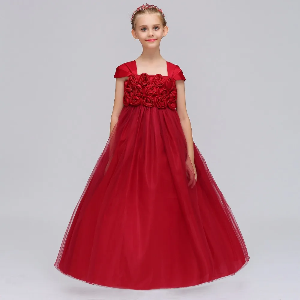 Модные Аппликации Красный маленьких для девочек в цветочек платья с круглым вырезом Чай Танк платье для девочек принцессы бальное платье