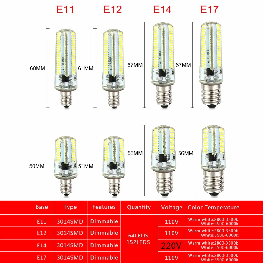 Ampoule LED E14 люстра лампа E17 E12 E11 свеча свет 110 В 220 SMD 3014 чип 64 152 светодиодов высокий
