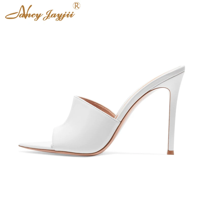 

Mules Leather White Women Slippers Outside Solid Summer Spring Sexy Fashion Brand Size 45 44 43 Dress Soft High Heels 10cm Lady