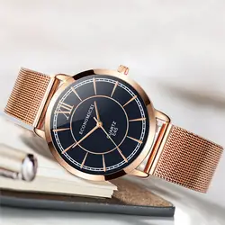 Ультра-тонкий циферблат простые часы женские Розовое золото кварцевые наручные часы стальной сетчатый ремень браслет часы женские часы
