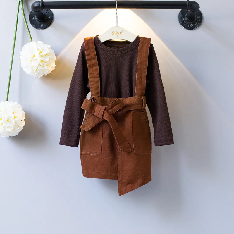 

2PCS Girls autumn spring clothing set kids casual brown t shirt and strap dress set baby girl bow clothes children