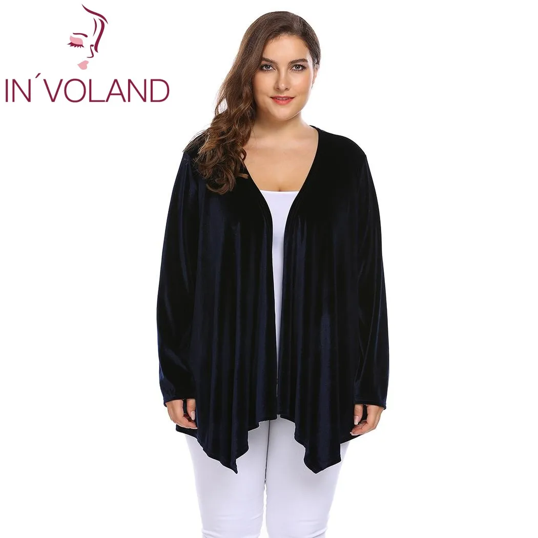 In'voland كبير حجم 4xl المرأة سترة سترة الخريف الربيع طويلة الأكمام جبهة مفتوحة المخملية فوا عارضة سيدة زائد الحجم القمم