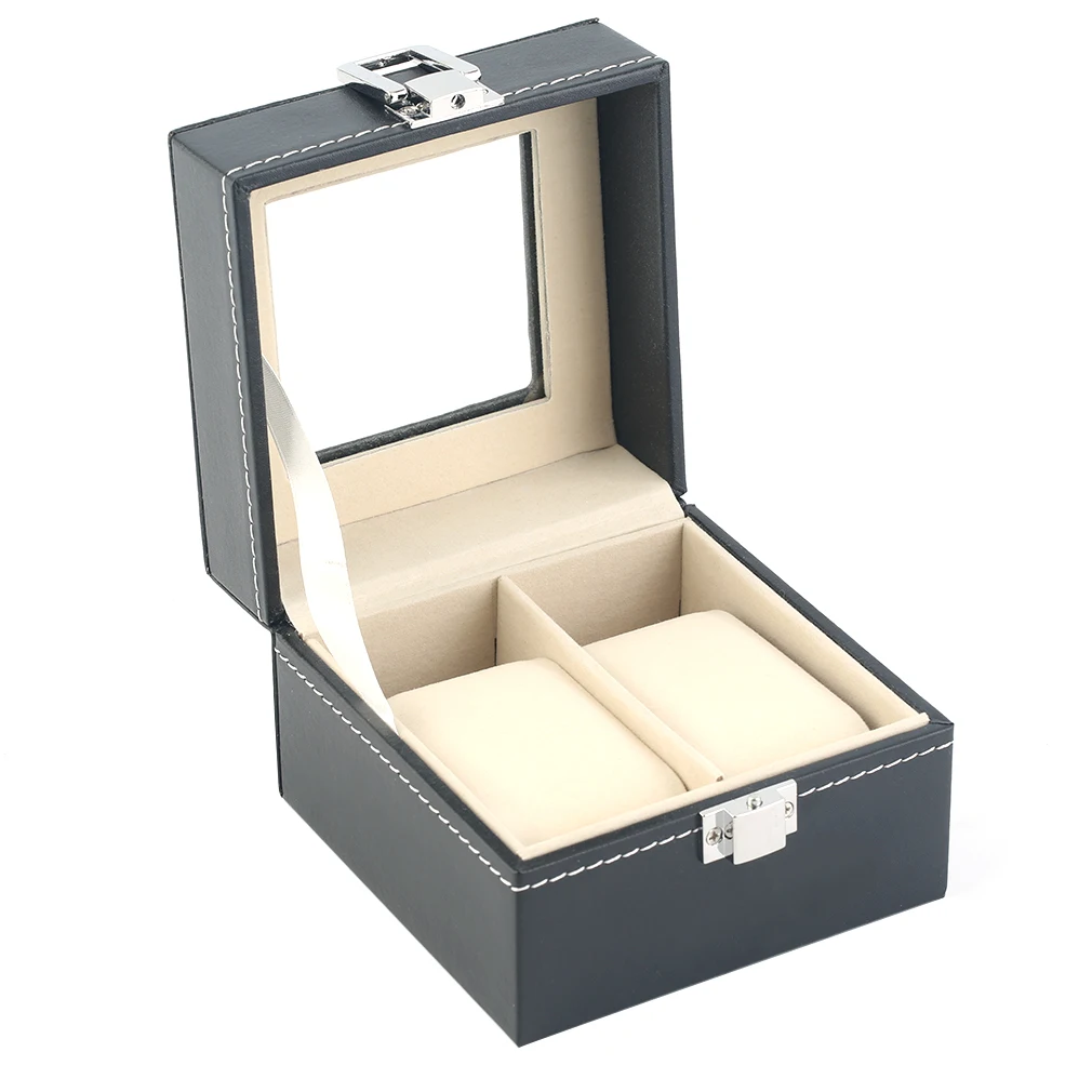 

2 Grids Black Plain Pattern PU Leather Watches Jewelry Display Case Boxes Storage Luxury Gift for Home Jewelry Decoration