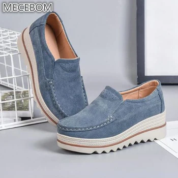 

MECEBOM Winter Women Shoes Platform Sneakers Shoes Leather Suede Casual Shoes Slip On Flats Heels Creepers Moccasins Light 522W
