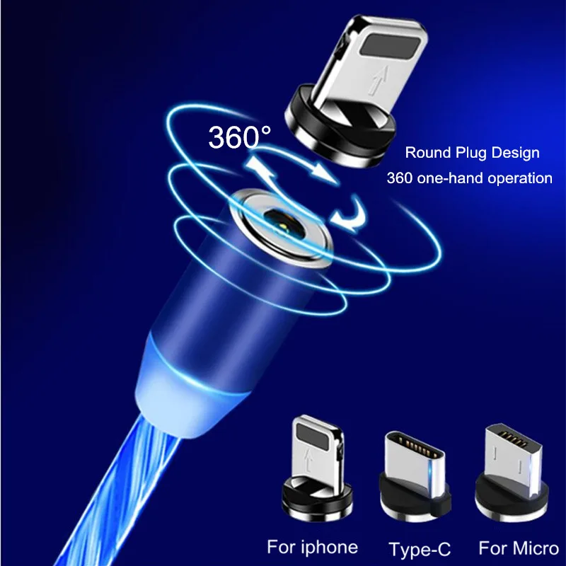 Цветной светодиодный магнитный кабель для телефона, быстрая зарядка, кабель Micro USB Type C, зарядное устройство для iPhone XS 8, Xiaomi, Samsung, кабель USB C