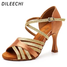 DILEECHI/Женская обувь для латинских танцев; шелковый атлас; Новинка; бронзовая обувь для сальсы; вечерние туфли для бальных танцев; Каблук 9 см; Бесшовные женские кроссовки