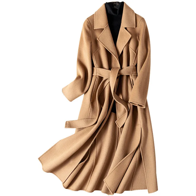 

double-sided 100%wool flannel women suits collar sashes long coat no lining oblique insert pockets red 4color S/M/L