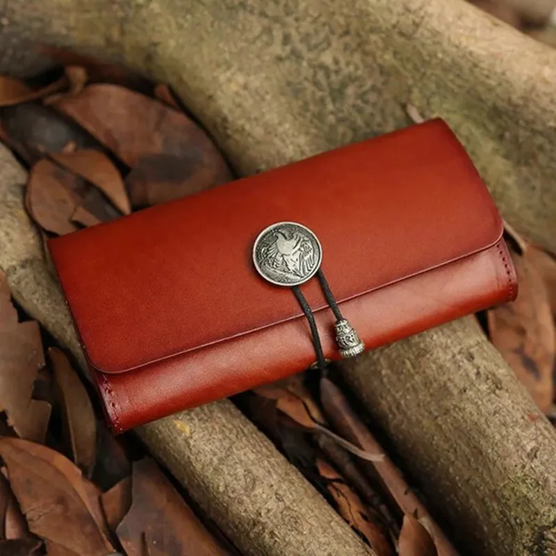 

Vintage Designer Genuine Vegetable Tanned Leather Lady Card Purse String Cover Women's Clutch Wallet Reteo Female Long Wallet