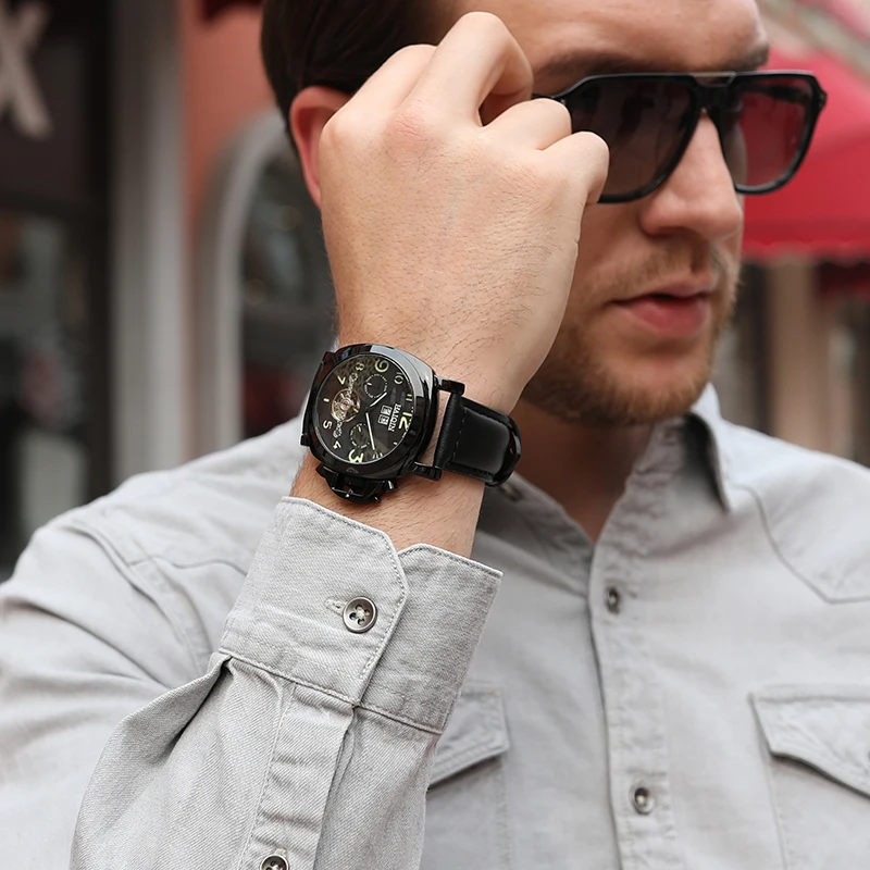 HAIQIN 2018 أعلى العلامة التجارية الفاخرة الرجال الساعات الرياضة الميكانيكية التلقائية ووتش الرجال الفاخرة العسكرية ساعة يد جلدية رجل الساعات