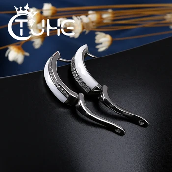 

New Design One Row Of Crystal With Black White Ceramic U Shaped Earrings For Women Trendy Party Health Ceramic Zirconia Earrings