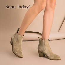 BeauToday/женские ботинки «Челси» из натуральной коровьей кожи; замшевые ботильоны с острым носком на высоком каблуке; женская обувь ручной работы; 03341