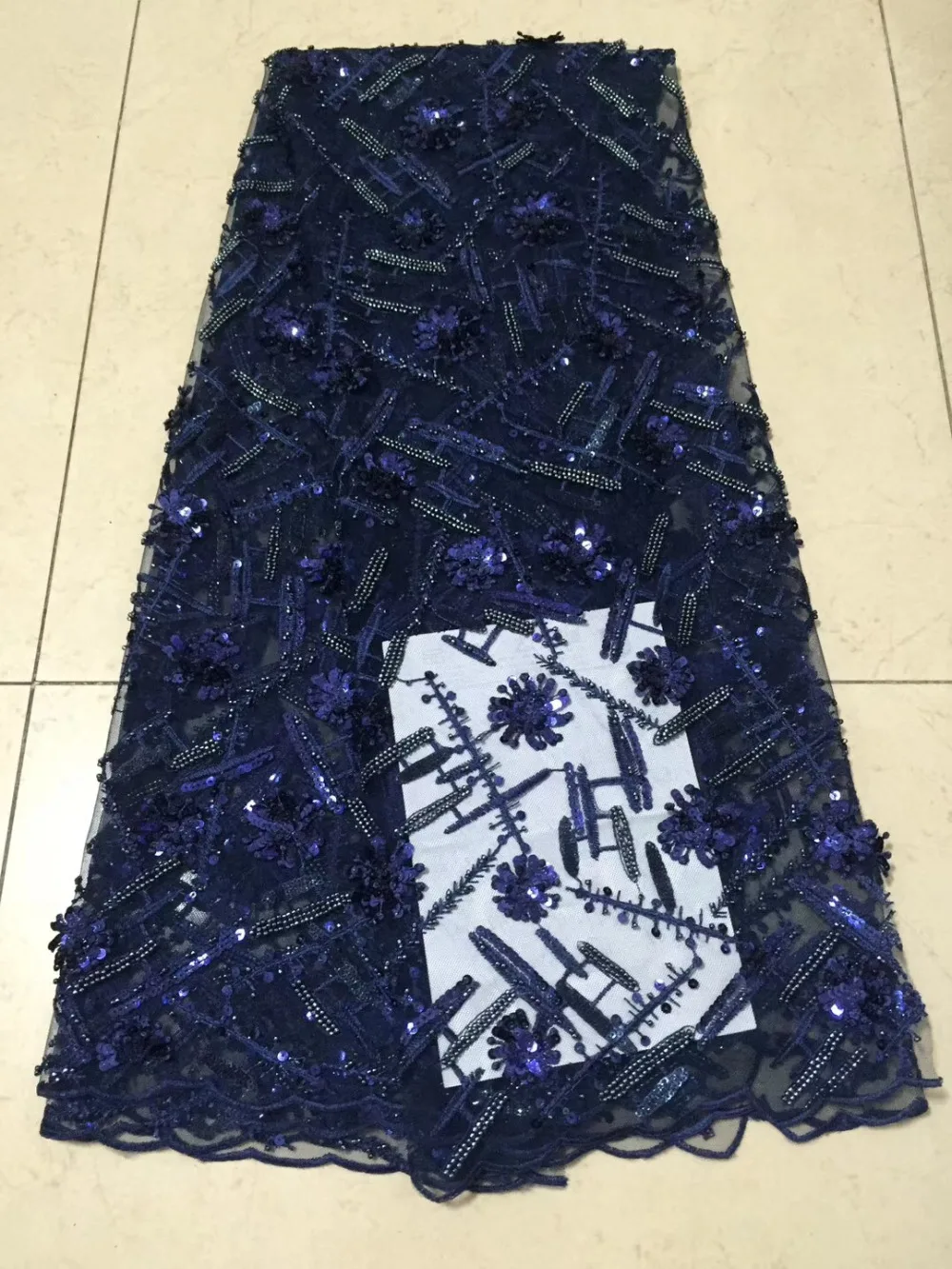 

Free shipping (5yards/pc) Tulle lace fabric fine and neat embroidery French lace fabric for charming dress navy blue paillette