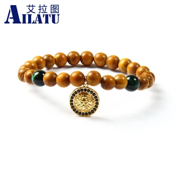 

Ailatu Wholesale 10pcs/lot Natural Yellow Sandalwood Beads with Black Cz Animal Charm Beaded Bracelet