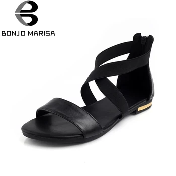 

BONJOMARISA 2020 Brand Solid Black Genuine Leather Plus Size 31-46 Low Heels Sandals Women Comfortable Casual Shoes Woman